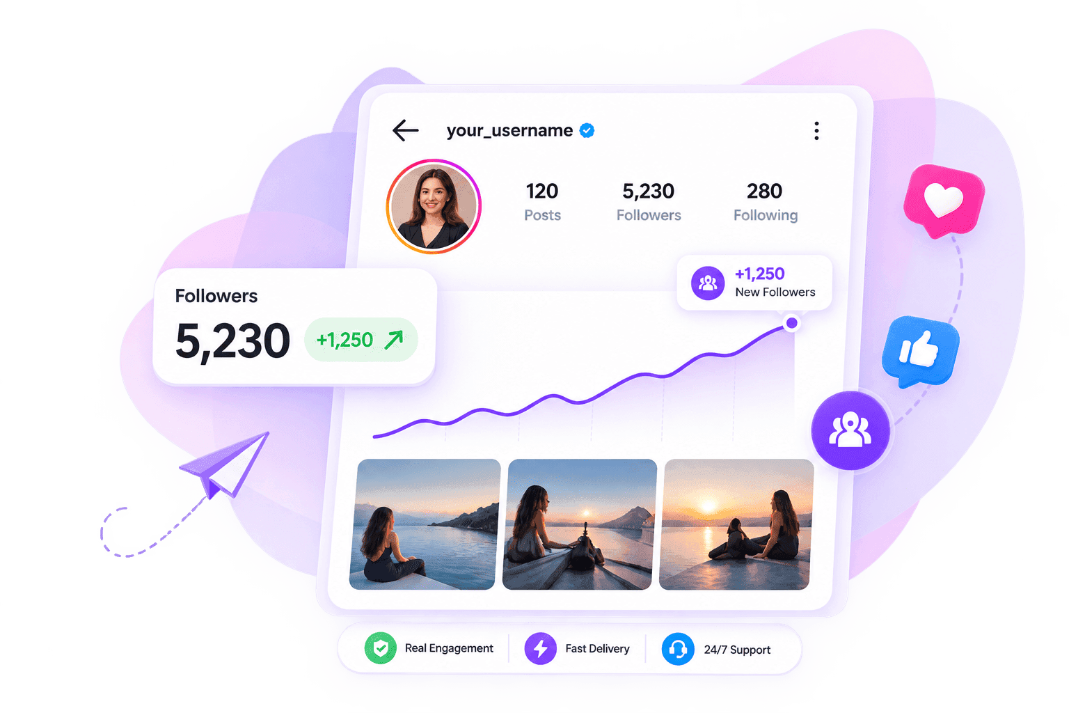 LikeMax dashboard mockup showing free Followers for Instagram
