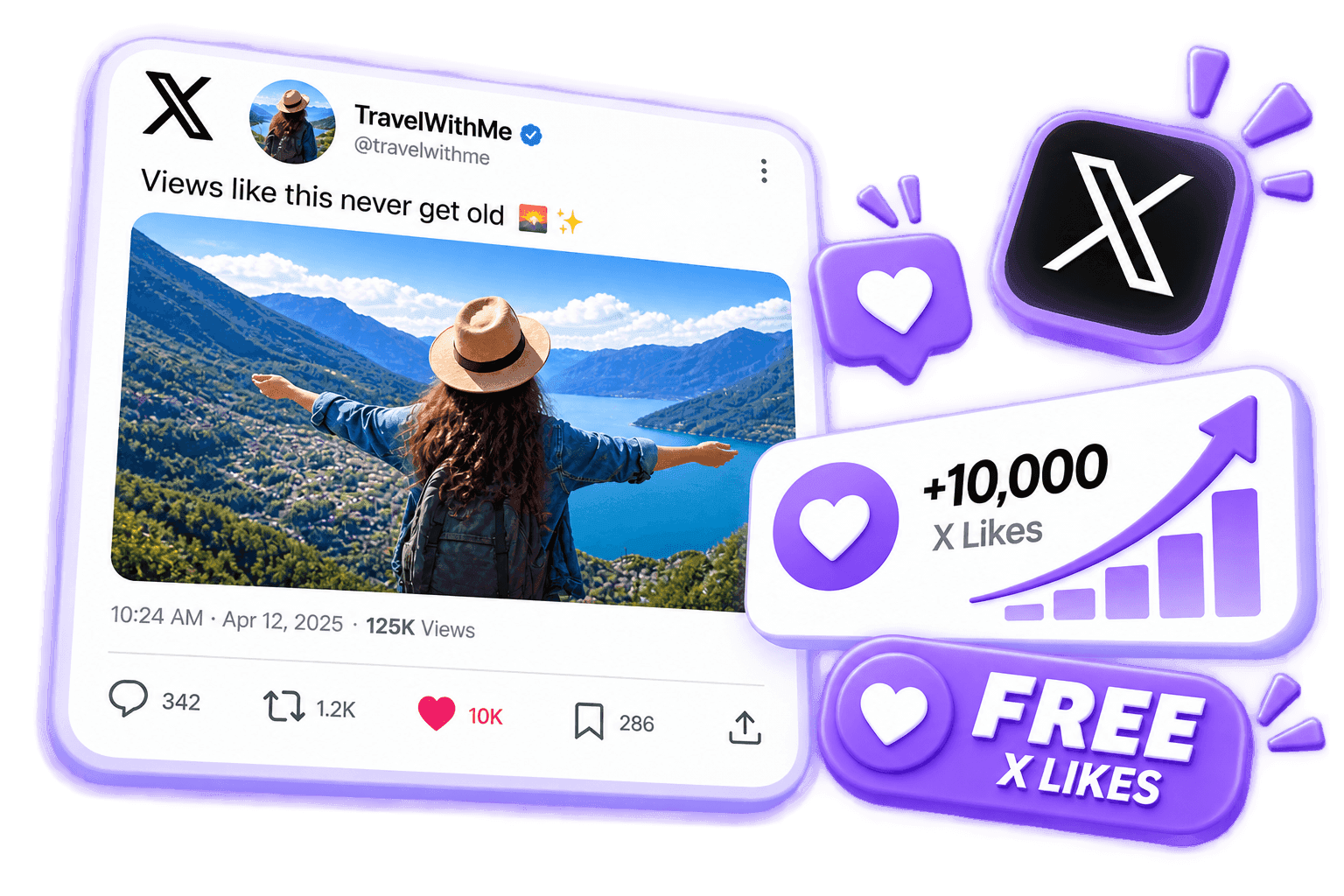 LikeMax dashboard mockup showing free Likes for X