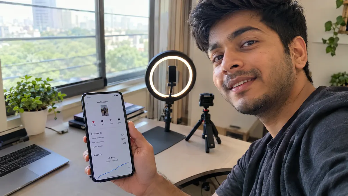 Indian content creator holding a phone that shows Instagram Reel likes analytics, with a ring light and tripod behind the desk