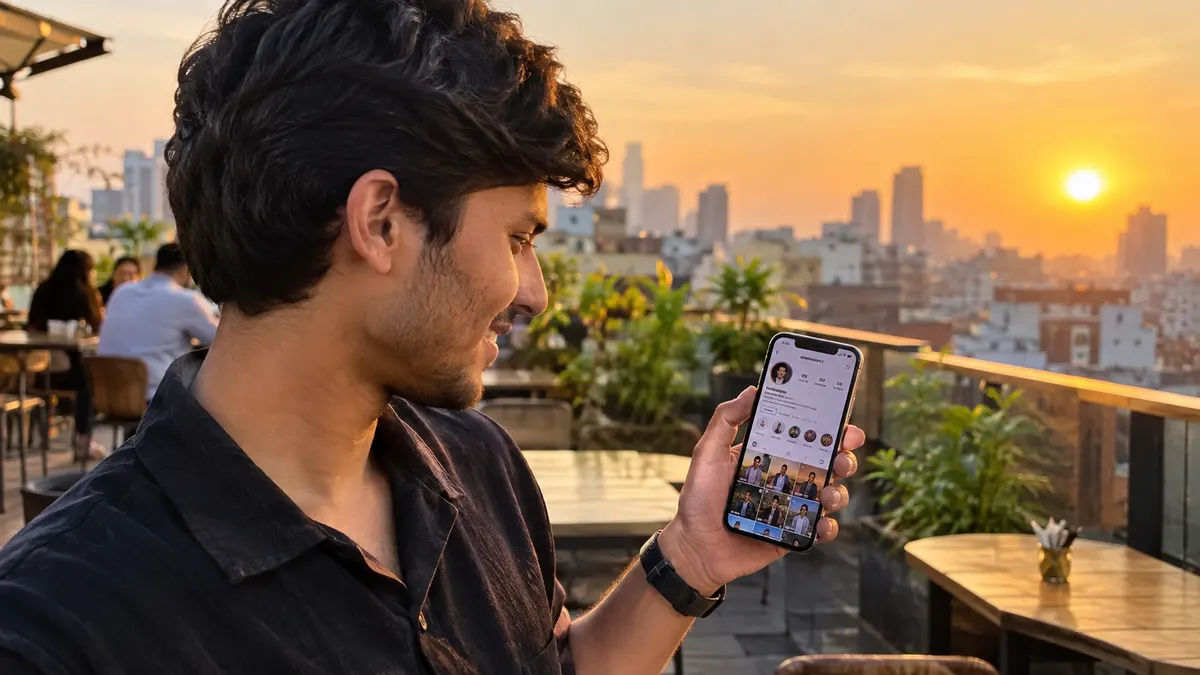 Young Indian man on a rooftop cafe at sunset looking at an Instagram profile on his phone with the city skyline behind him