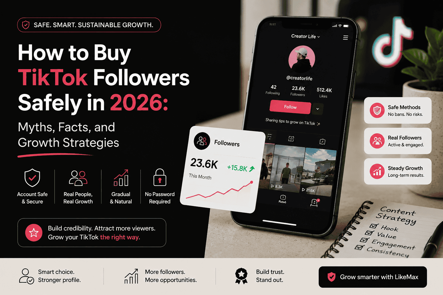 A smartphone screen displaying a rising TikTok follower growth graph using tips to buy 10000 tiktok followers by LikeMax