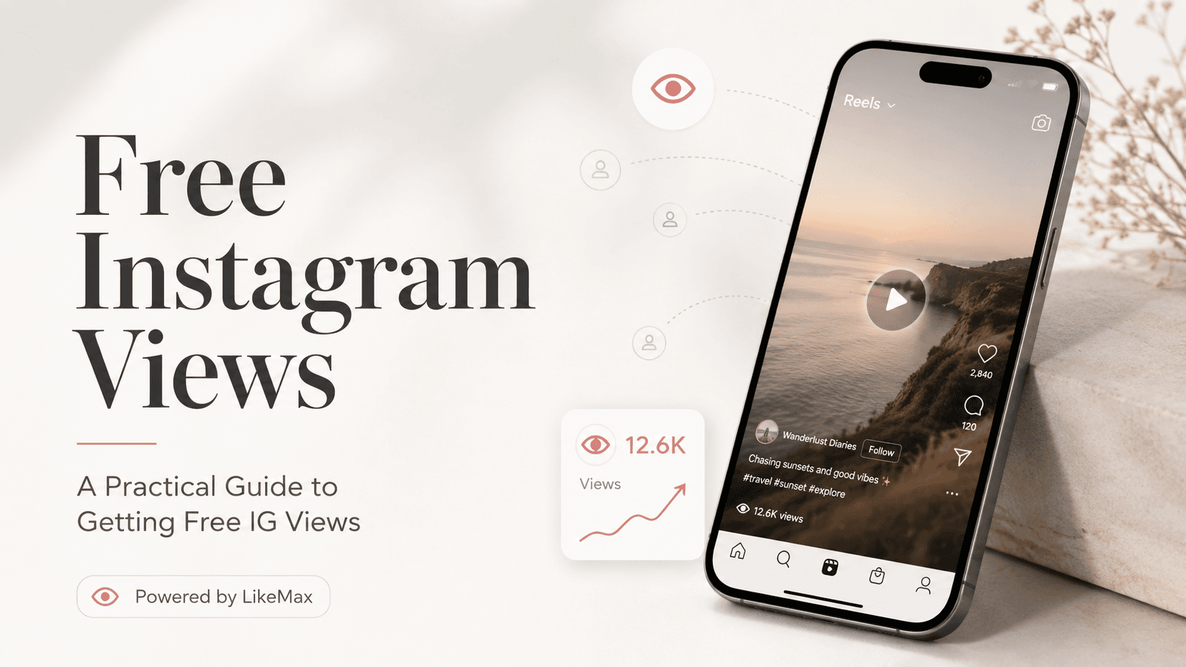 Smartphone displaying Instagram analytics and video view growth for a free Instagram views guide powered by LikeMax.
