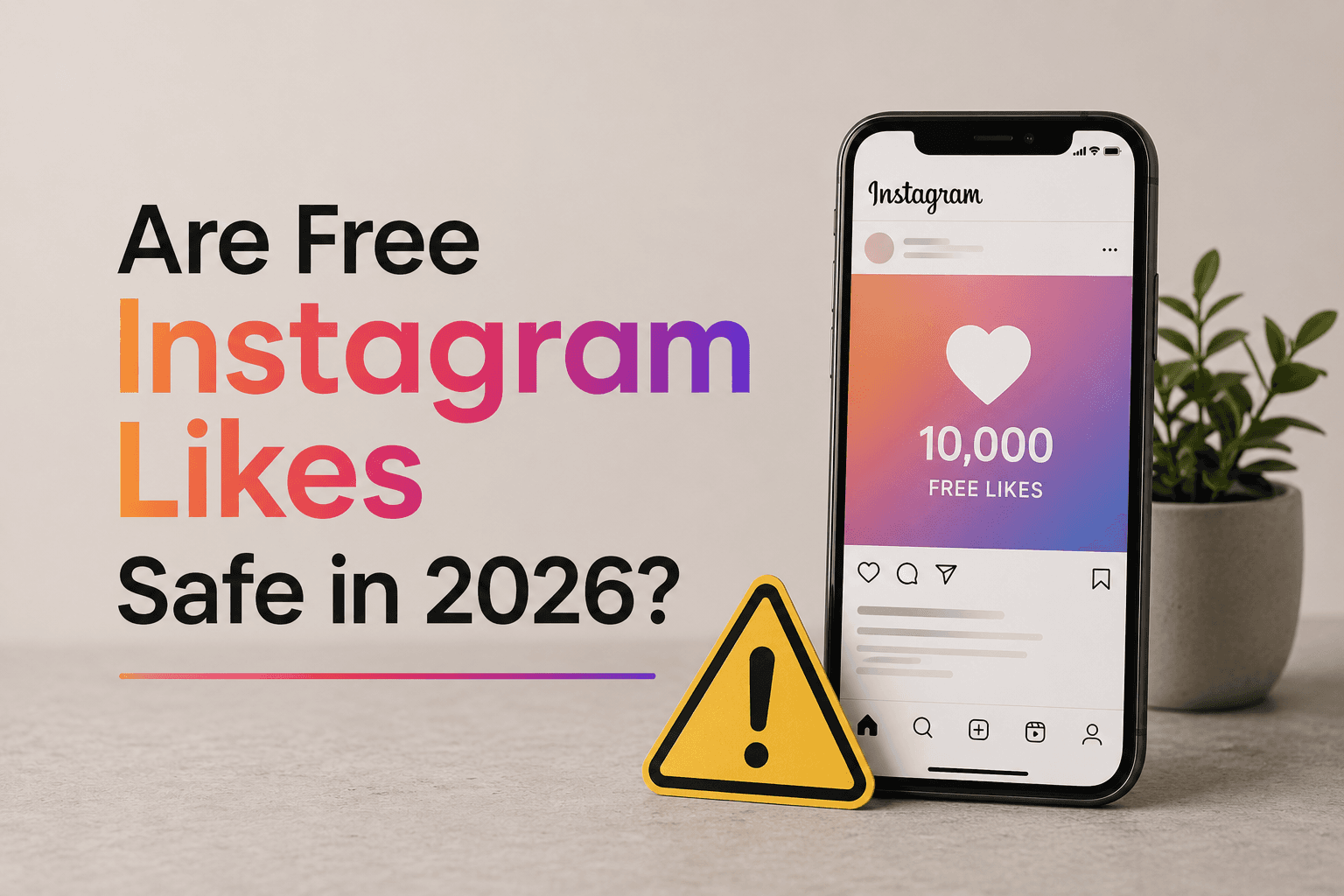 Are Free Instagram Likes Safe in 2026? Editorial featured image showing Instagram engagement metrics, free likes promotion, and account safety concerns.