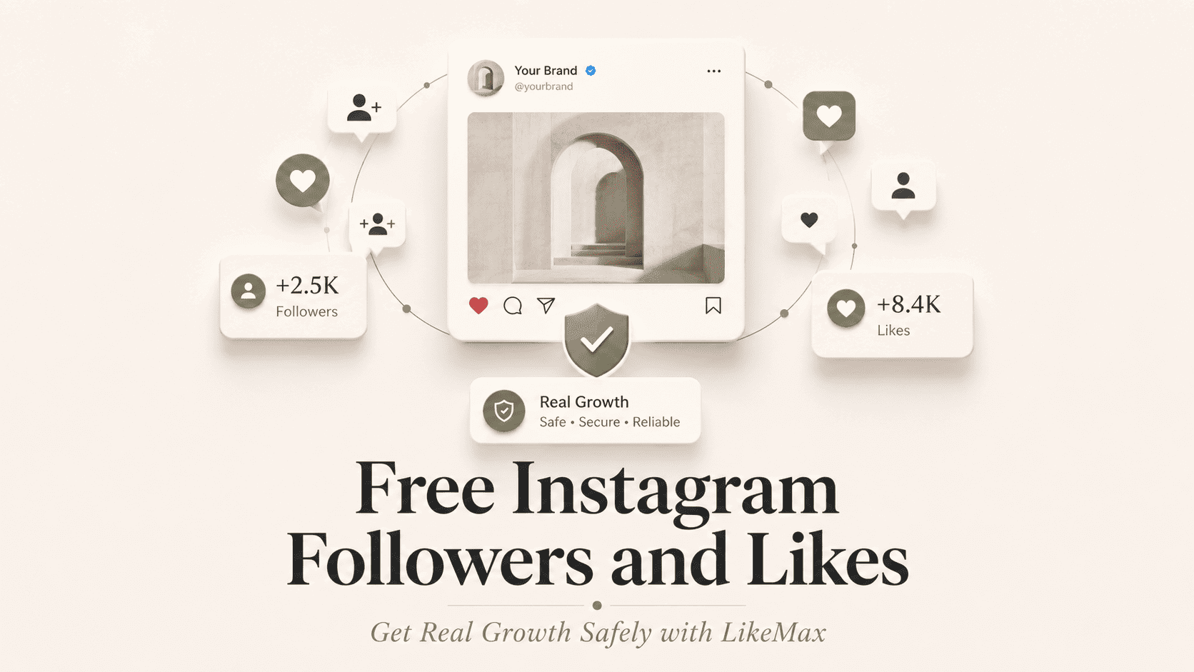 A professional blog title banner featuring the text Get Followers for Instagram Free: The Safest Way to Grow with LikeMax with stylized flat vector graphics of smartphone screens displaying growing profile metric counters and community network icons.