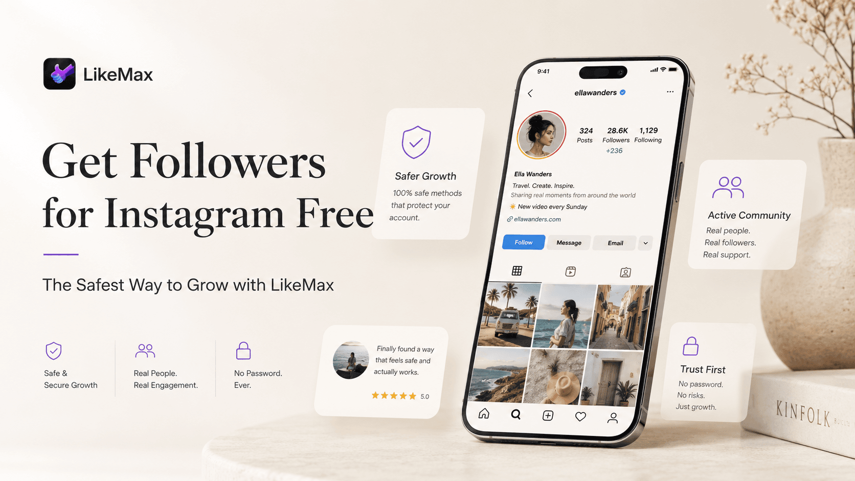Banner showing Get Followers for Instagram Free- The Safest Way to Grow with LikeMax