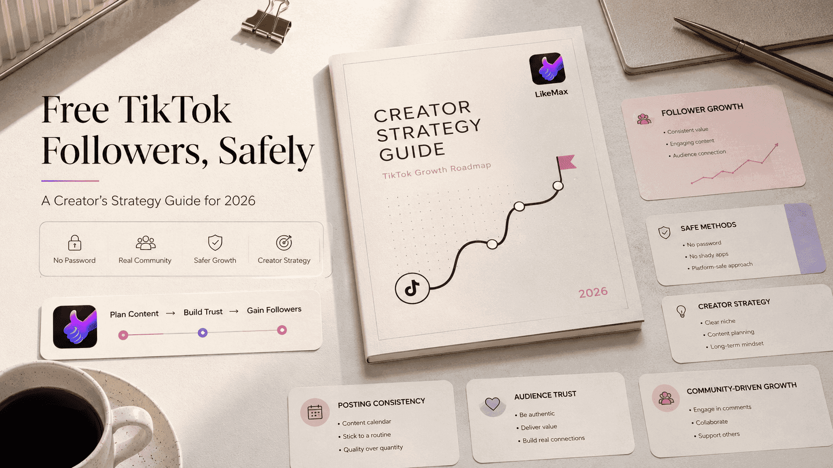 A creator holding a smartphone showing a rising follower graph with text overlay reading how to get free tiktok followers safely.