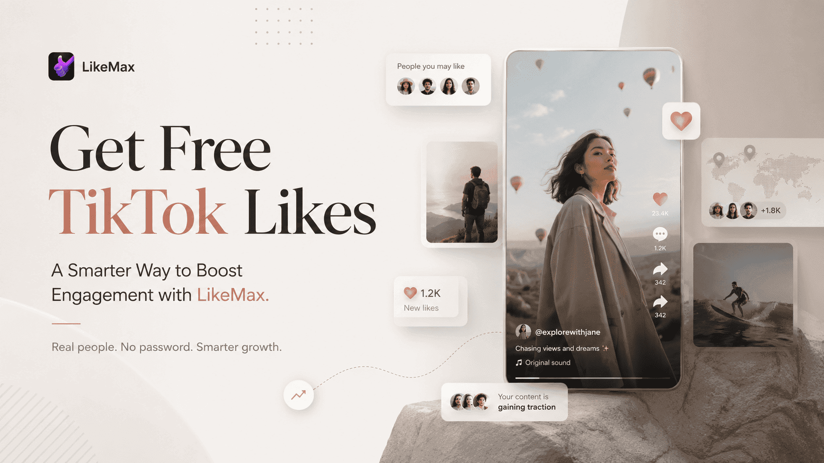 Free TikTok likes feature image showing LikeMax helping creators boost engagement with real people, no password, and smarter TikTok growth.