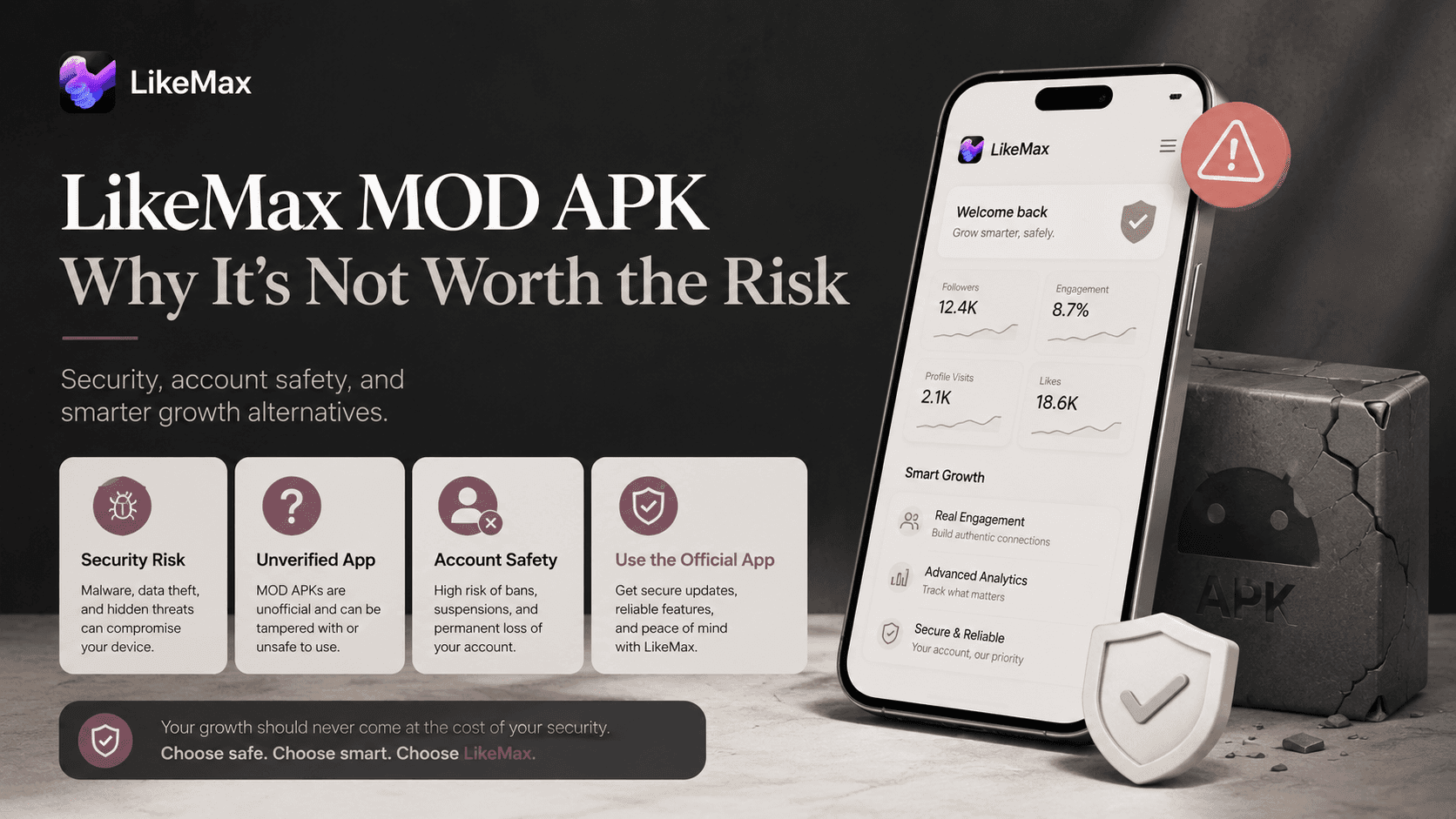LikeMax MOD APK warning image explaining why unofficial APK versions can create security risks, account safety issues, and unreliable Instagram growth.