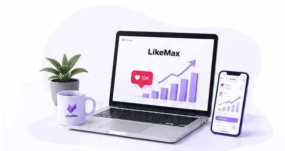 Laptop and phone showing the LikeMax dashboard with follower, like, and view growth stats
