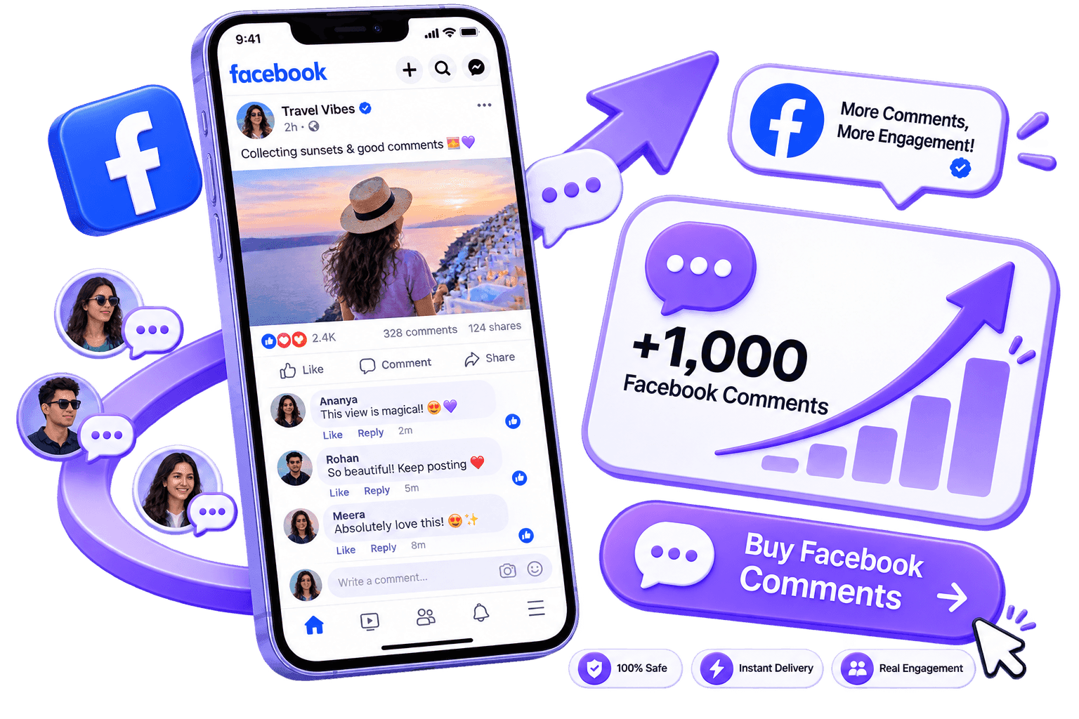 LikeMax dashboard mockup showing Facebook Comments growth for Facebook