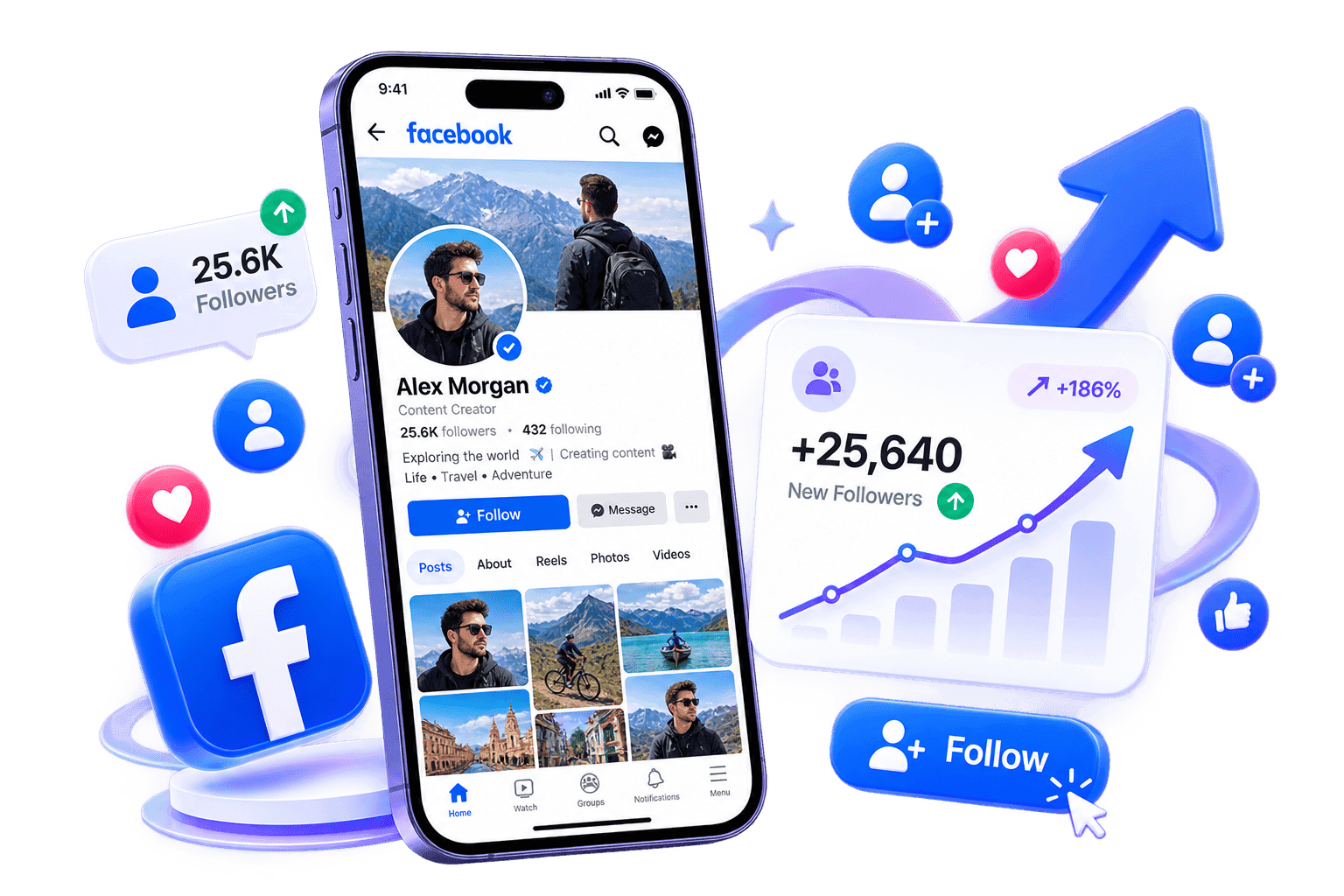 LikeMax dashboard mockup showing Facebook Followers growth for Facebook