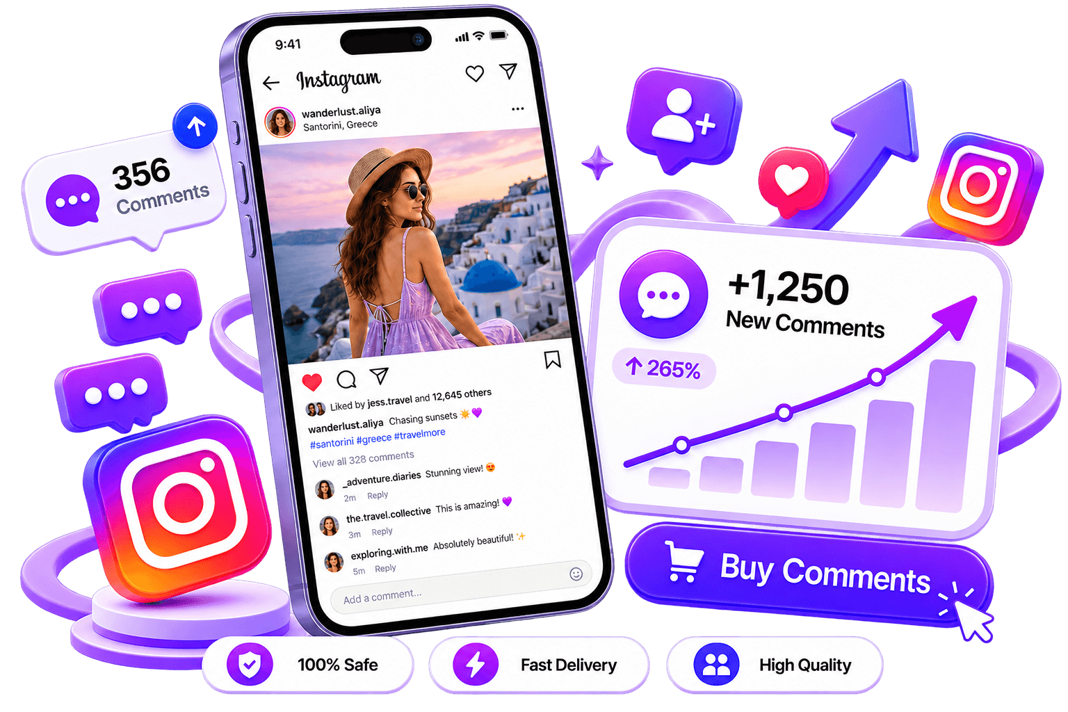 LikeMax dashboard mockup showing Instagram Comments growth for Instagram