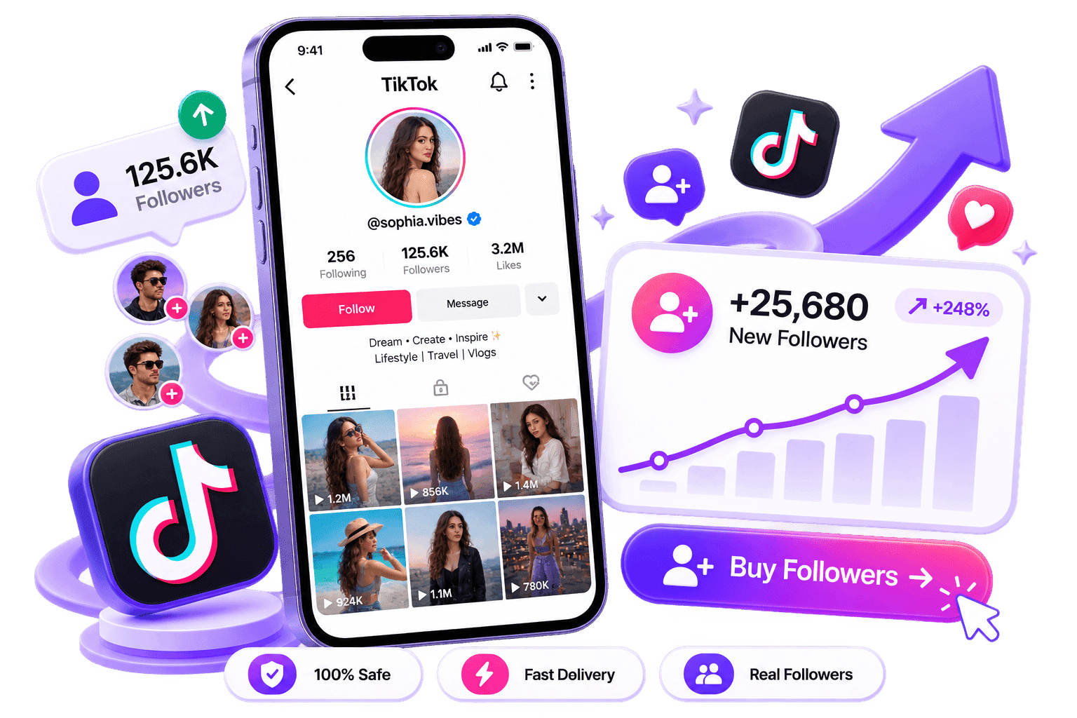 LikeMax dashboard mockup showing TikTok Followers growth for TikTok