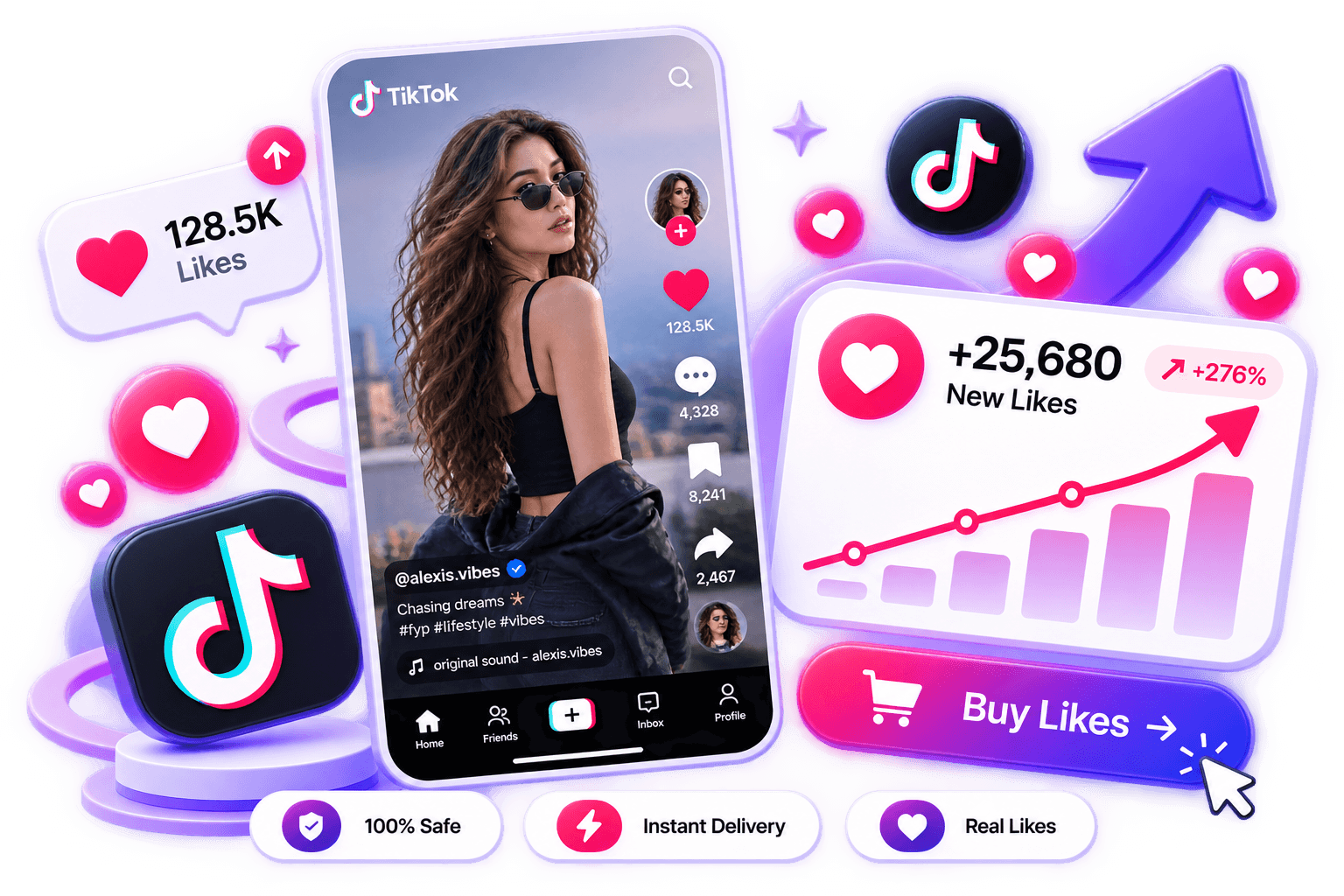 LikeMax dashboard mockup showing TikTok Likes growth for TikTok