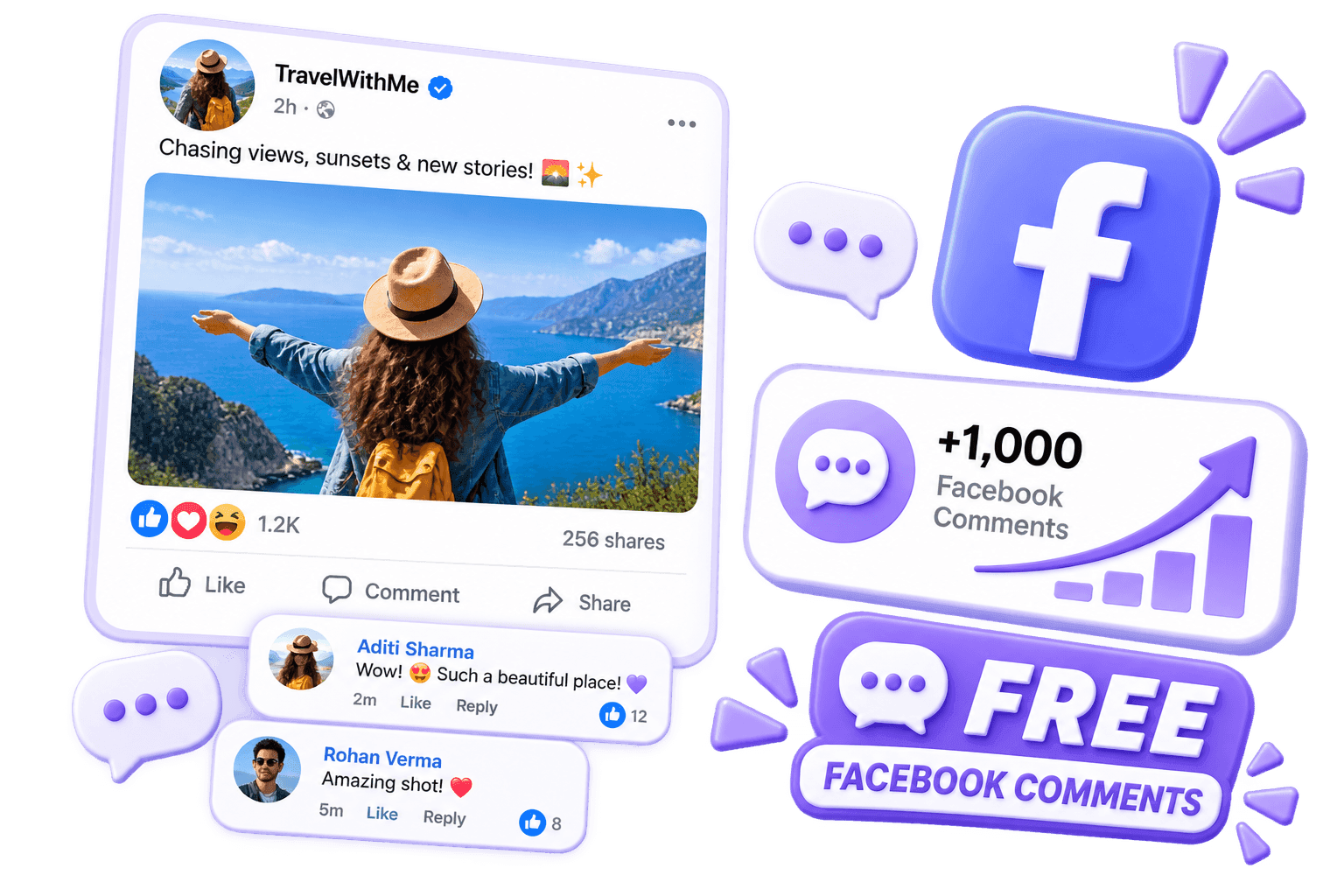 LikeMax dashboard mockup showing free Comments for Facebook