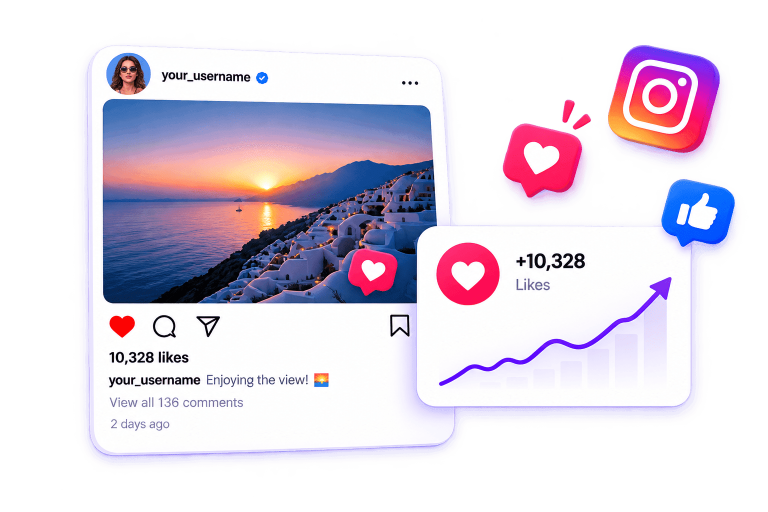 LikeMax dashboard mockup showing free Likes for Instagram