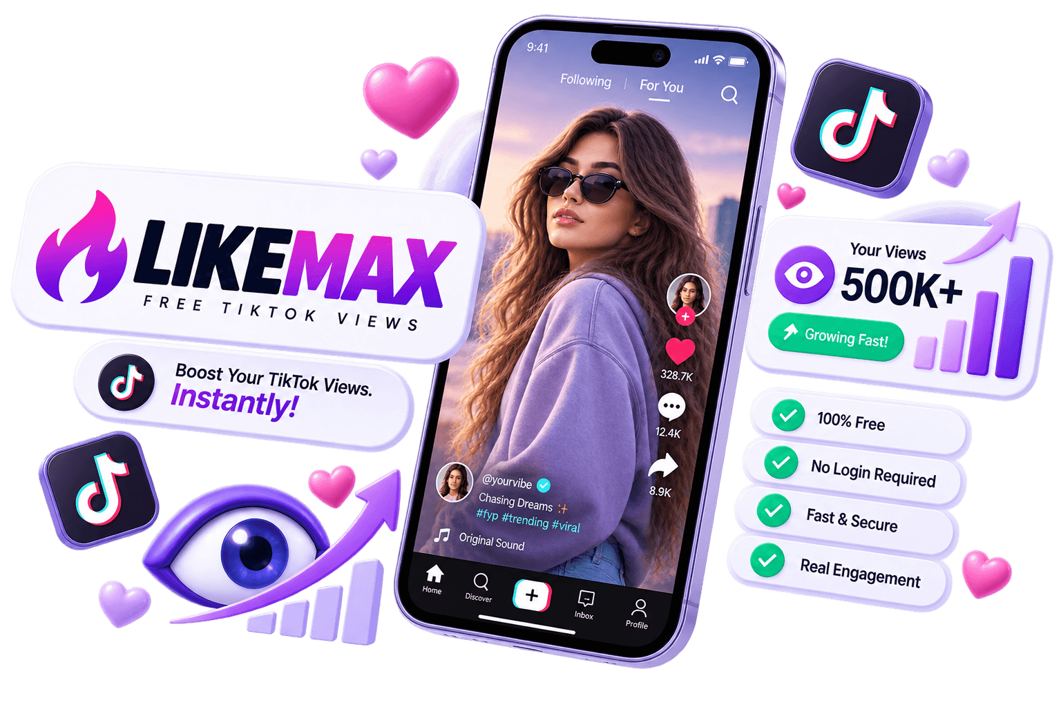 LikeMax dashboard mockup showing free Views for TikTok