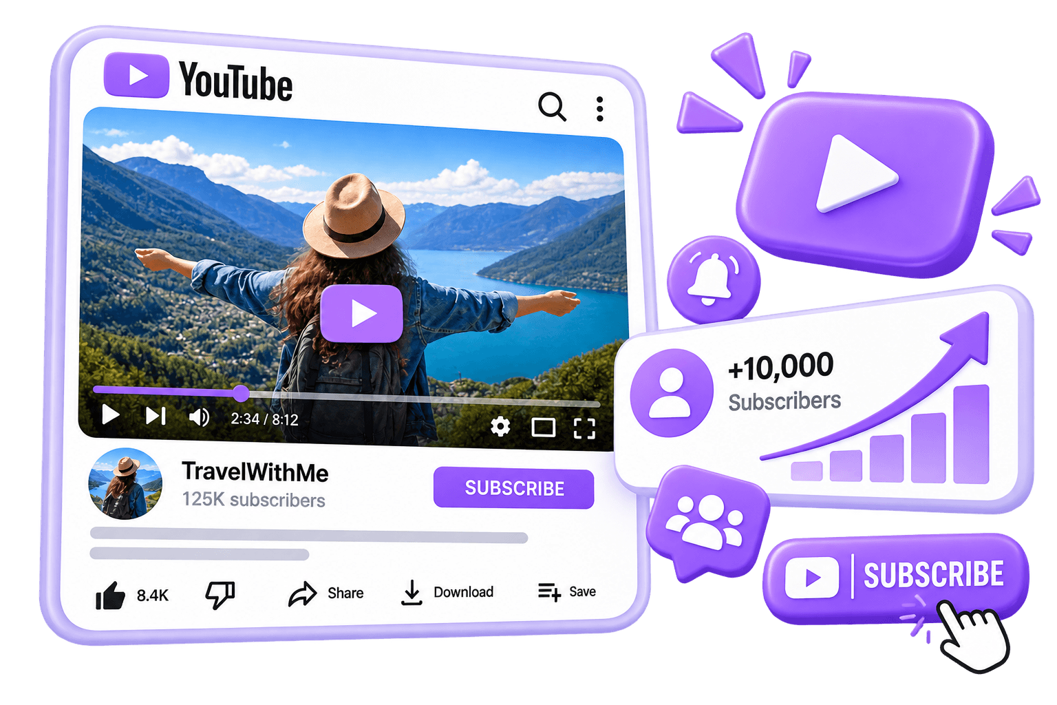 LikeMax dashboard mockup showing free Subscribers for YouTube