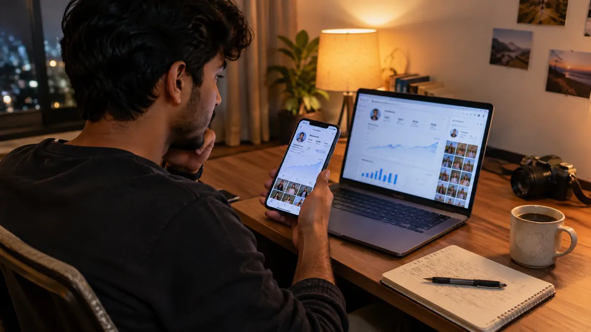 Man at a home desk comparing Instagram profile growth stats on a laptop and phone with a notebook and coffee beside him