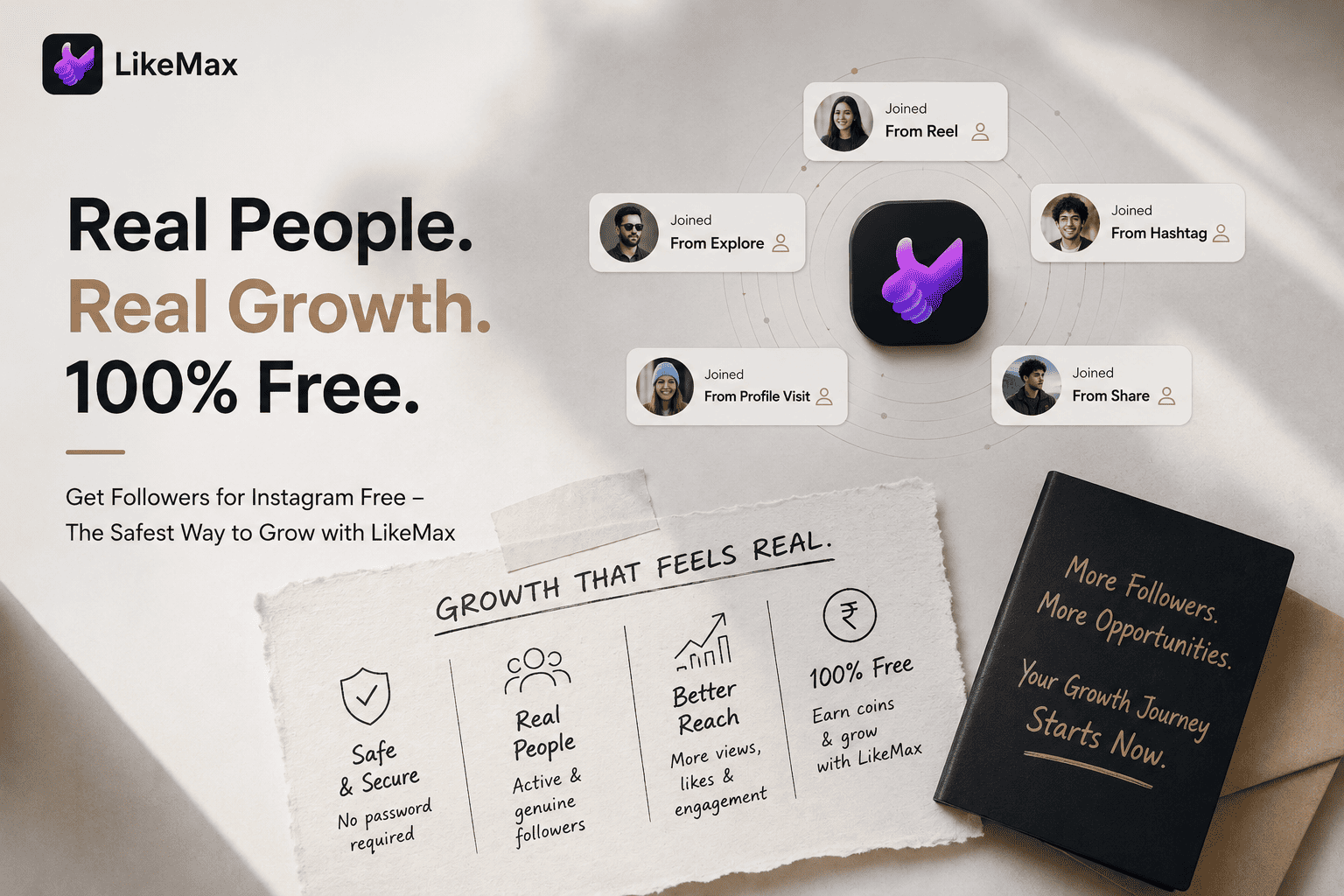 A stylized digital marketing graphic illustrating organic audience milestone growth to Get 10K Instagram Followers Free, showing climbing analytics charts, social profile icons, and user interaction engagement loops.