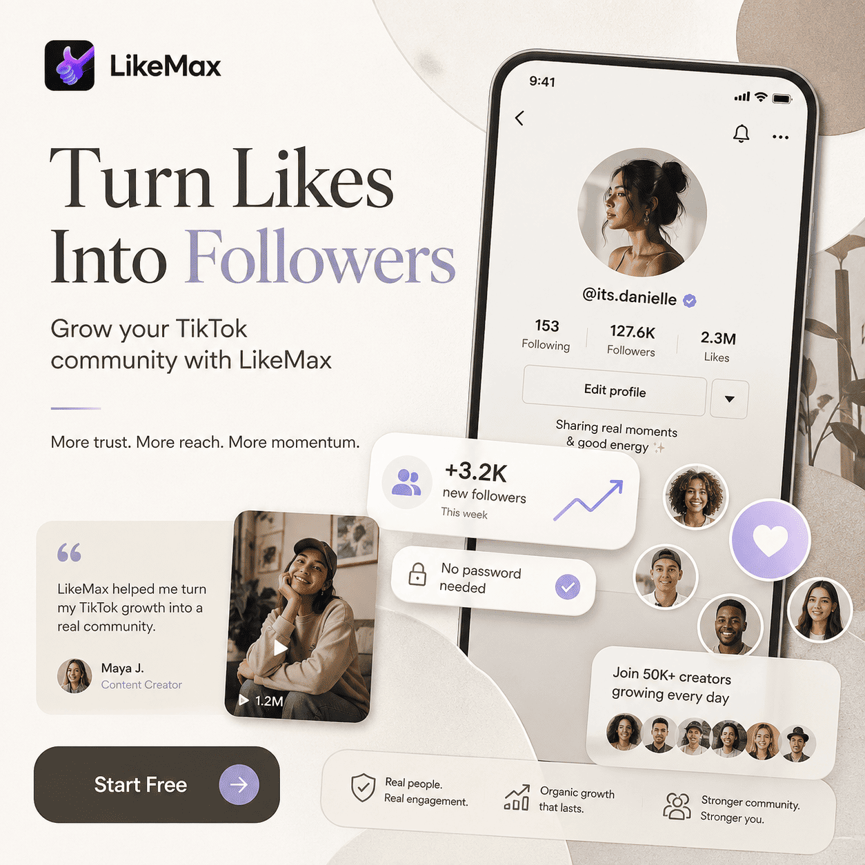 A content creator reviewing organic TikTok follower growth analytics on a mobile phone after using LikeMax to buy 10000 tiktok followers for free