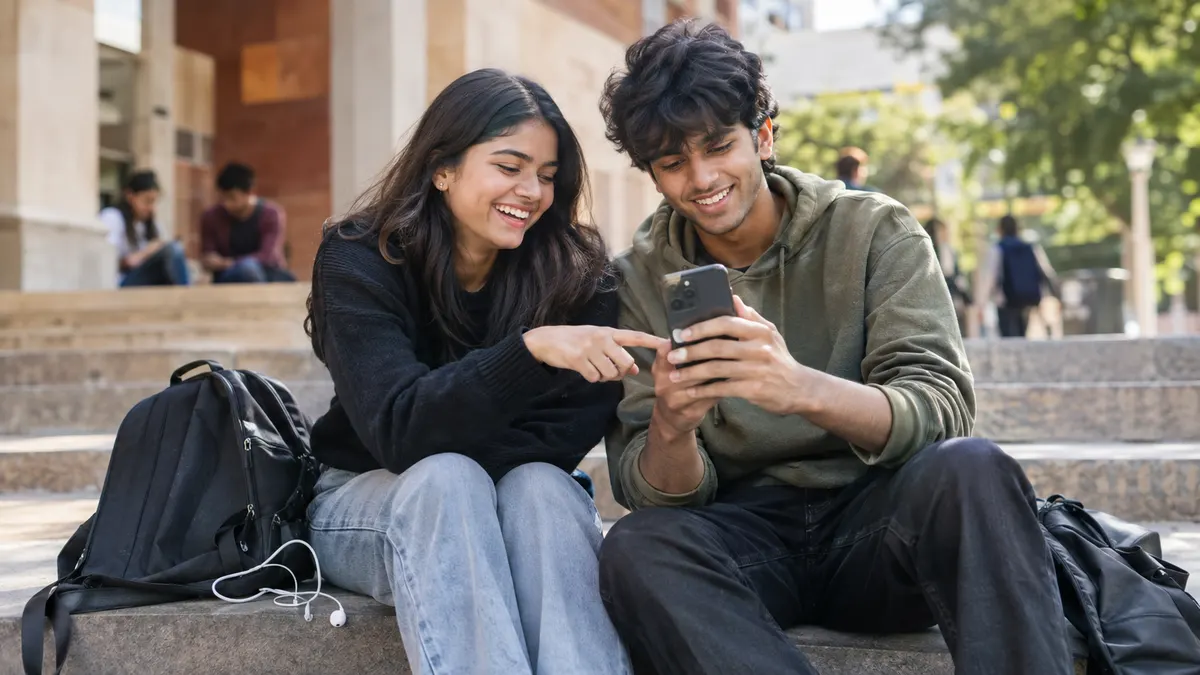 Two young Indian college creators laughing as they check Instagram Reel likes and follower growth on a smartphone on campus steps