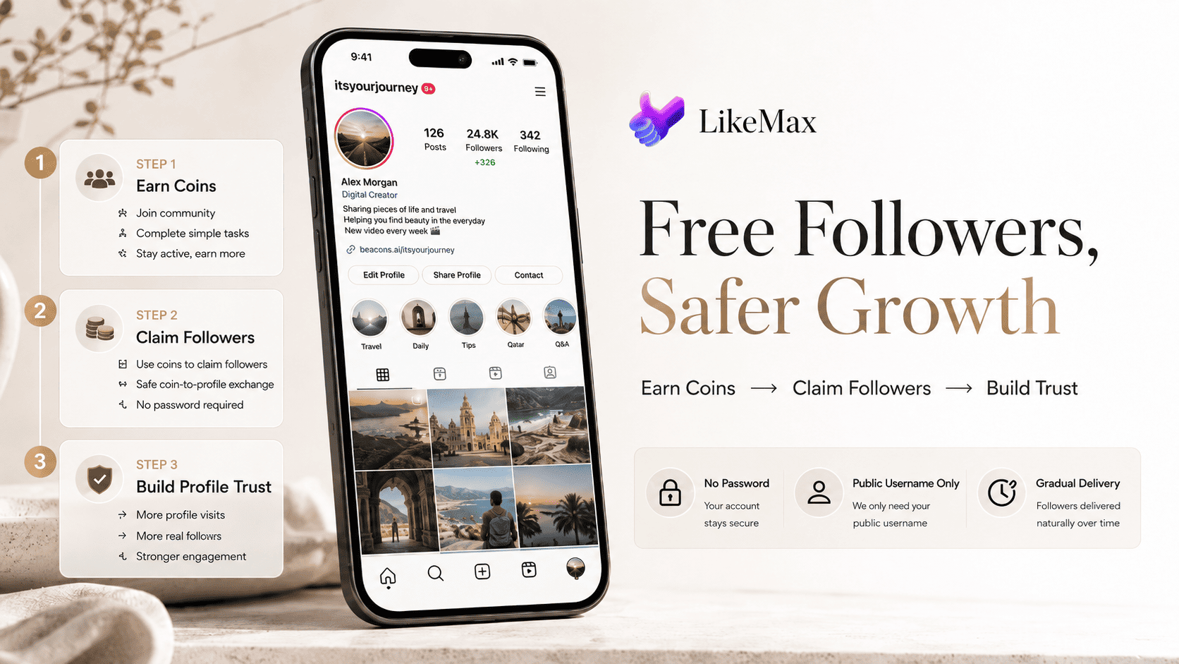 An informational infographic mockup detailing the secure steps to get followers for instagram free showing a simplified mobile UI design layout with interactive task matrices, coin balance meters, and a public username input field.