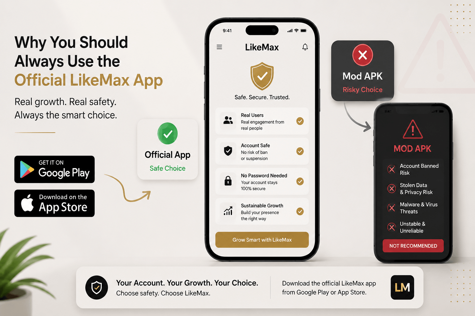 LikeMax MOD APK comparison showing why users should choose the official LikeMax app from Google Play or App Store instead of unsafe mod APK files.