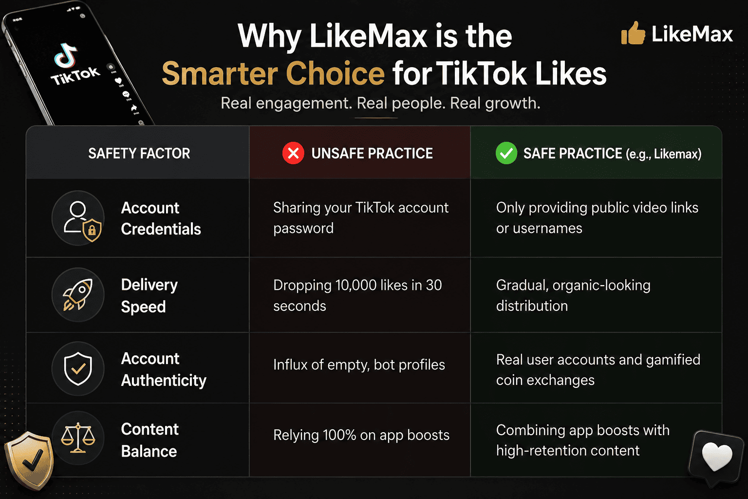 Free TikTok likes comparison chart showing unsafe practices vs safe LikeMax methods for getting real engagement, gradual delivery, and account-safe growth.